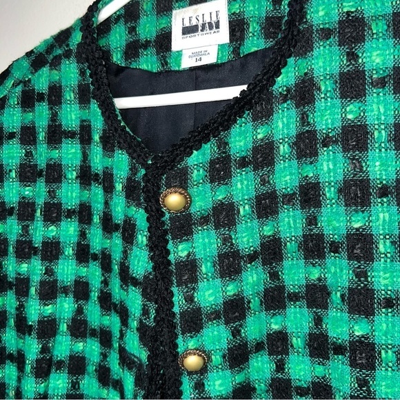 Vintage Leslie Fay Sportswear Green and Black Houndstooth Blazer Size 14 Missy - Picture 2 of 8